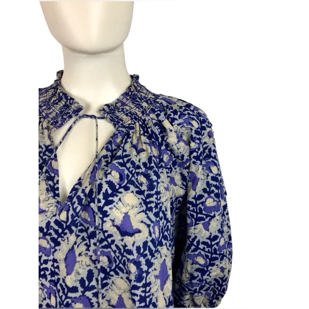 Free Peo­ple Blue & Grey Floral Cotton Blouse Relaxed 3/4 Sleeves Flowy